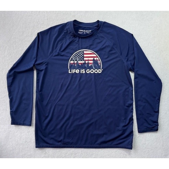 Life Is Good Other - Life Is Good‎ Blue USA Flag Trees Lightweight Long Sleeve Polyester Shirt MED